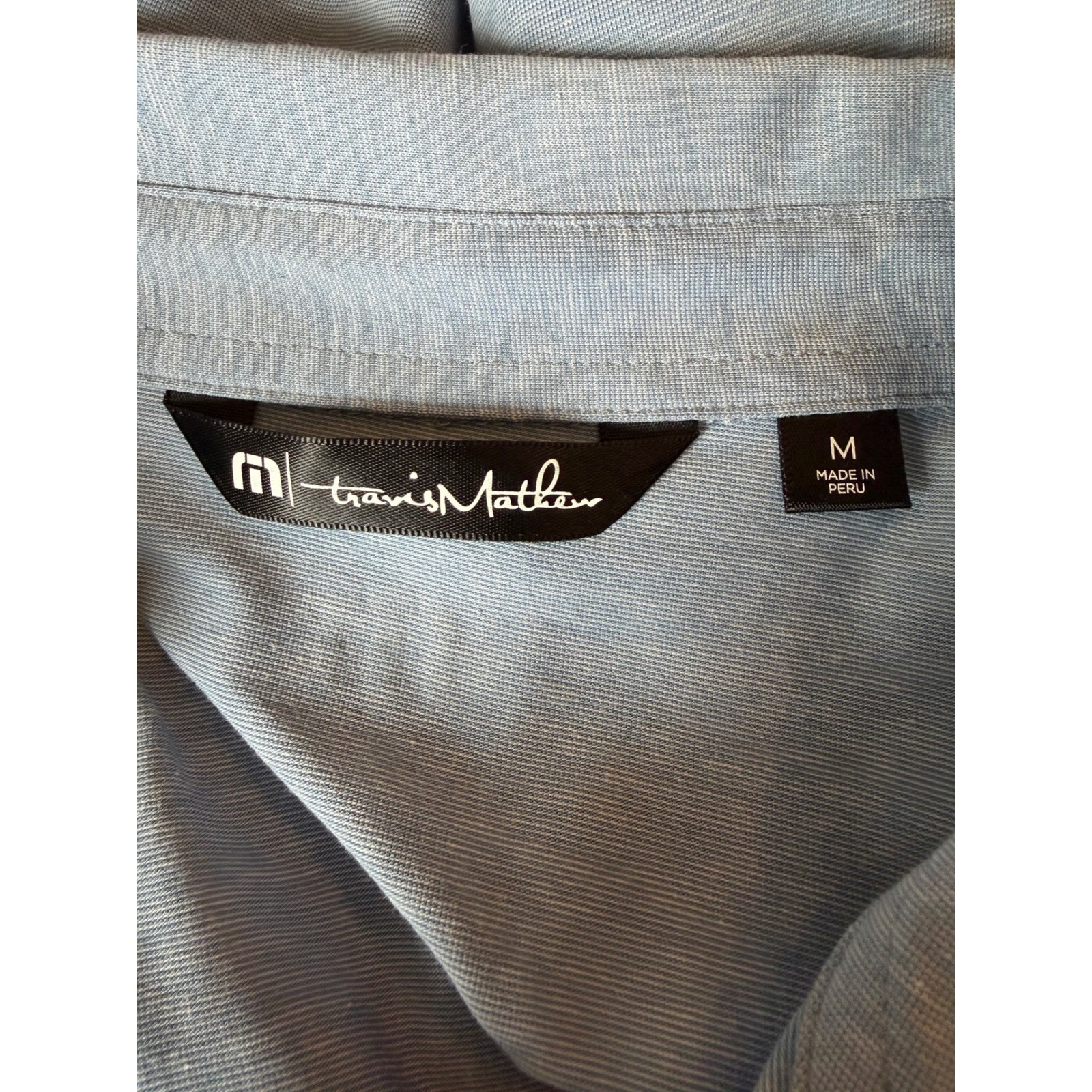 TravisMathew Mens Polo Shirt Medium Blue Heather Stripe Pima Cotton Blend Golf