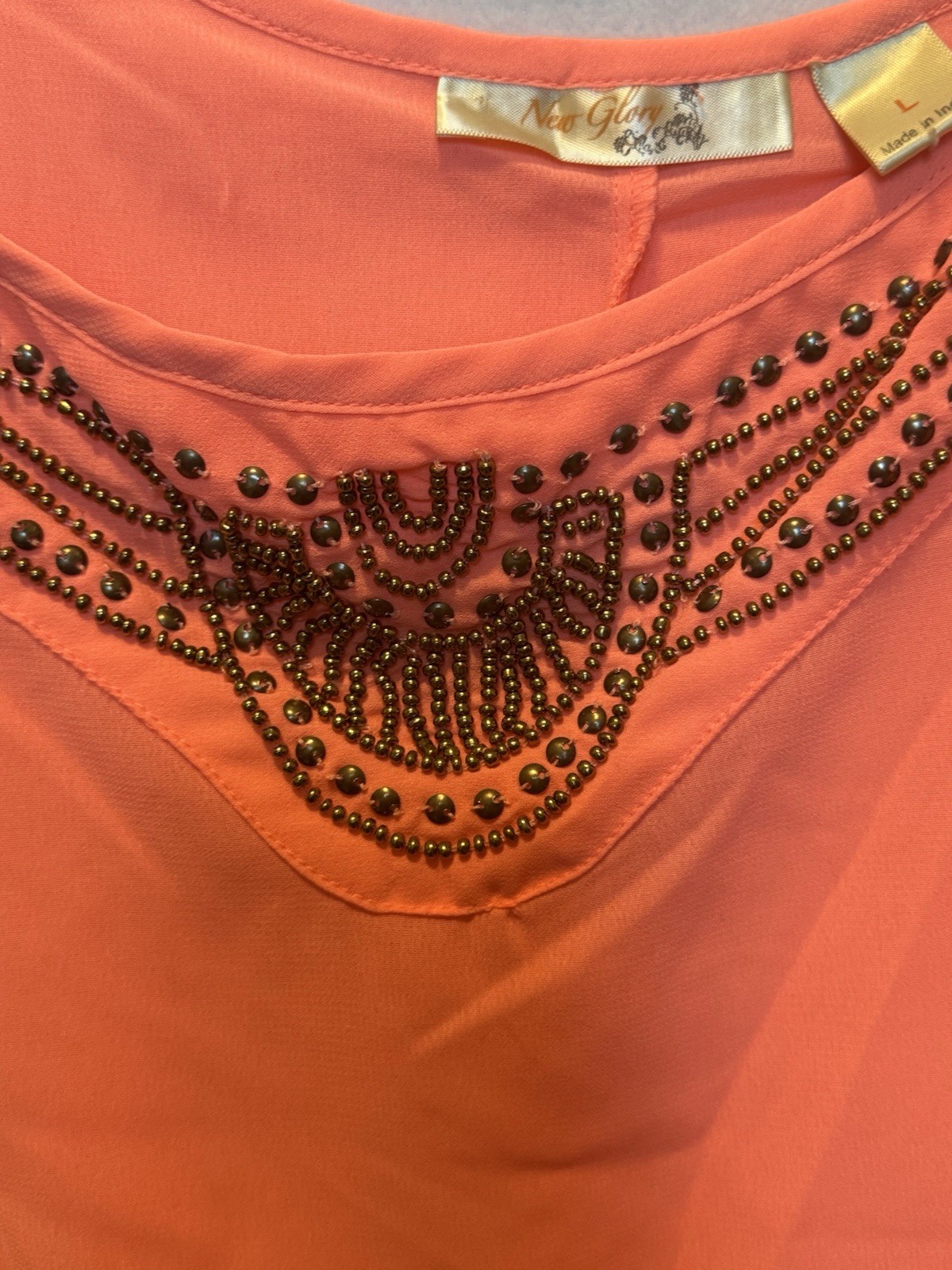New Glory Orange Sheer Cami Top Large Studded Beaded Tiered Y2K Boho Chic Flowy