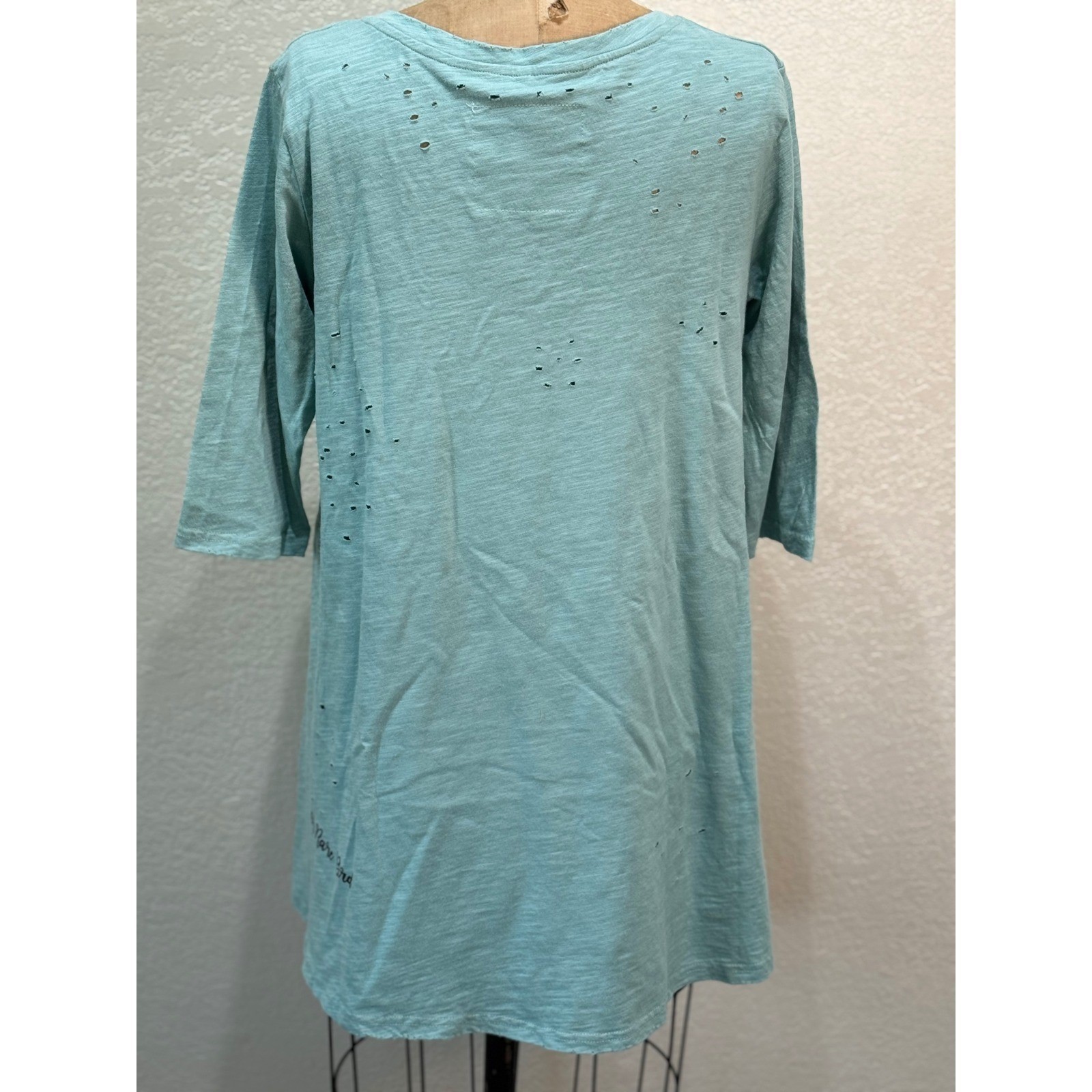 A Rare Bird Blue Distressed Sparrow Scripture Tunic 3/4 Sleeve Tee L/XL NWT
