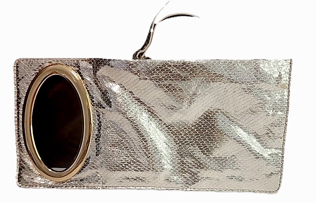 IMAN Metallic Metal Mesh Mini Clutch Silver Zippered Side Open Logo Metal Pull