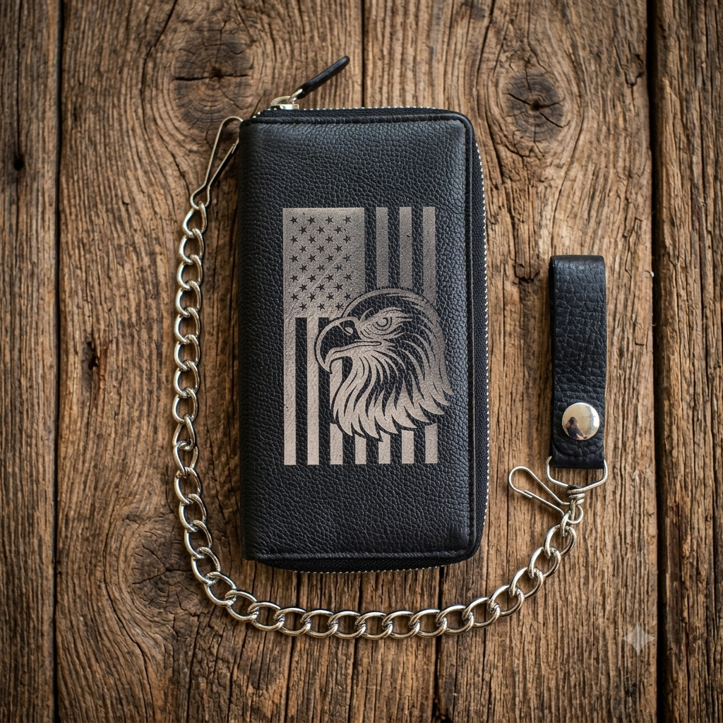 US Flag Eagle Genuine Leather Biker All Over Zipper Bi-Fold Wallet With Chain