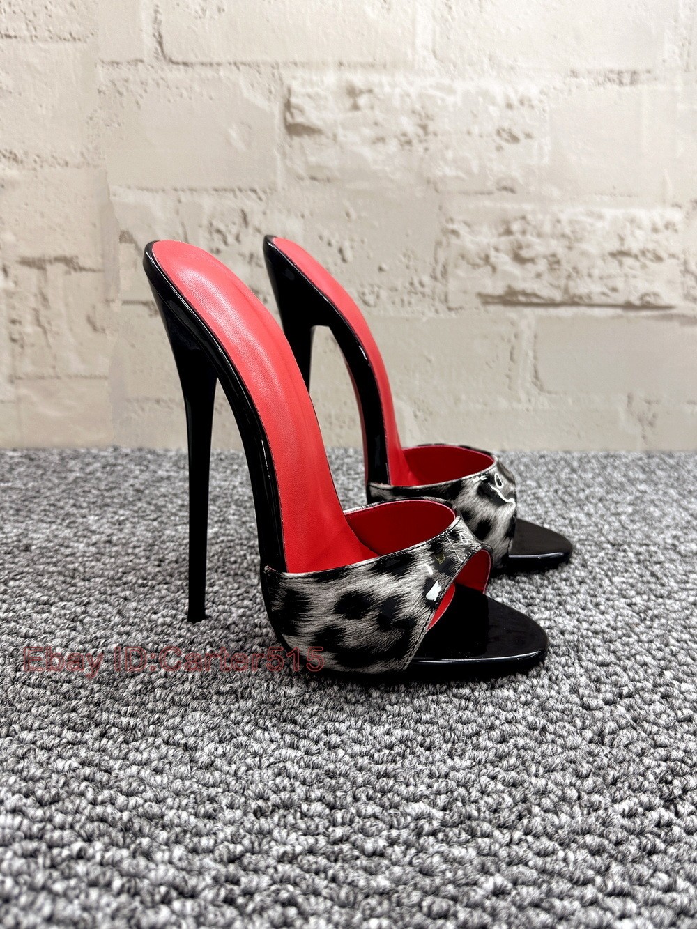 16/14cm High Heeled Slippers Leopard Patent Leather Slides Fetish Cross-Dressing