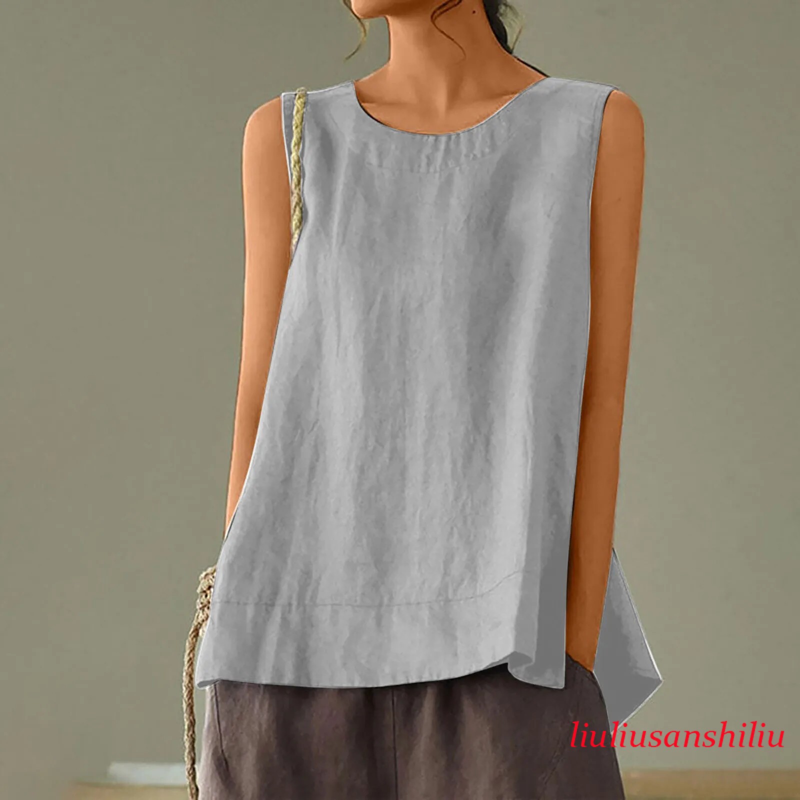 Solid Color Casual Cotton Linen Sleeveless Round Neck Soft and Breathable Top
