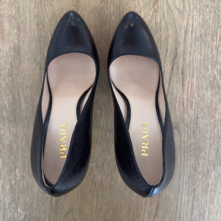 PRADA 120mm Saffiano Pumps-Italian Designer Black Round Toe High Heels-Sz US 8.5