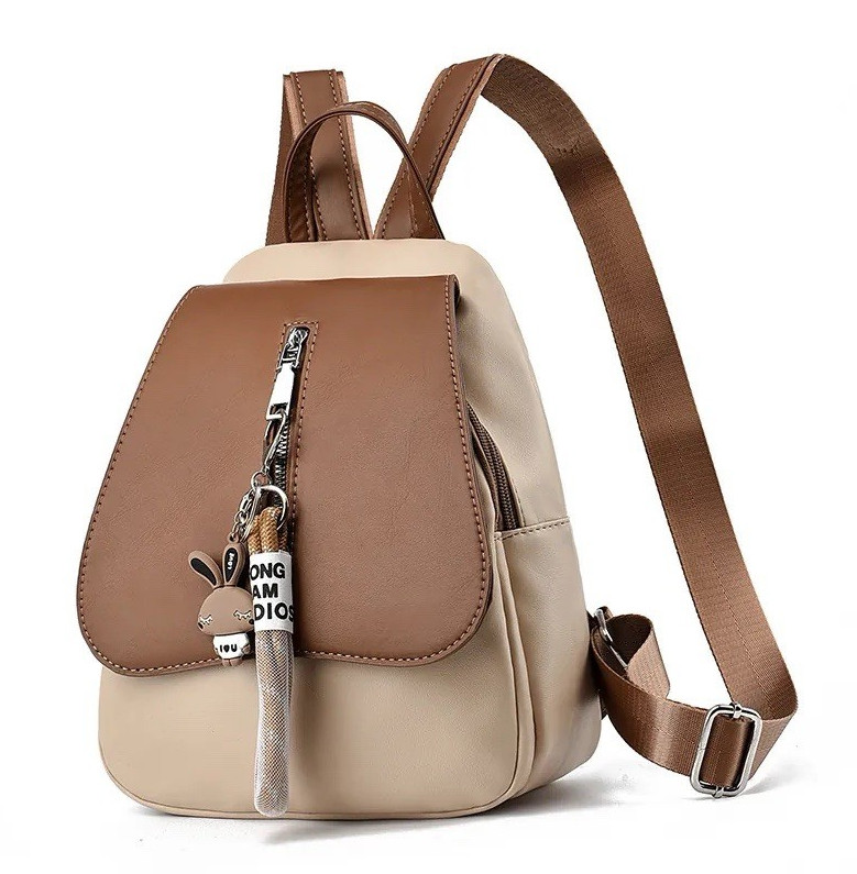 Beige Brown Colorblock Mini Backpack Purse Bunny Charm Zip Magnetic Small
