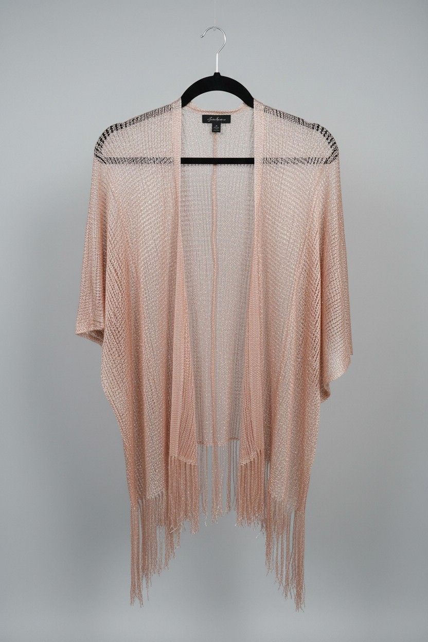 Rose Gold Metallic Fringe Cardigan Open Front Shimmer Knit Duster Layering Top
