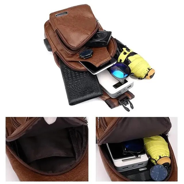 Men’s Leather Sling Bag Chest Pack Crossbody Shoulder Backpack USB Earphone Port