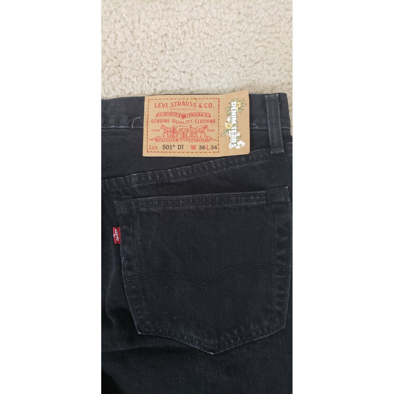 Levis Denim Tears 501 DT Mens Black Straight Leg Jeans W36 L34 Button Fly