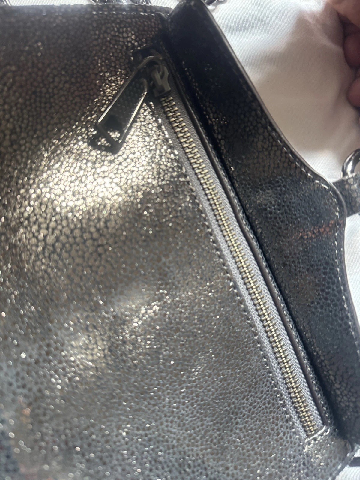 Rebecca Minkoff Mini Mac Clutch SILVER Metallic Black Hardware Crossbody 9”x7”