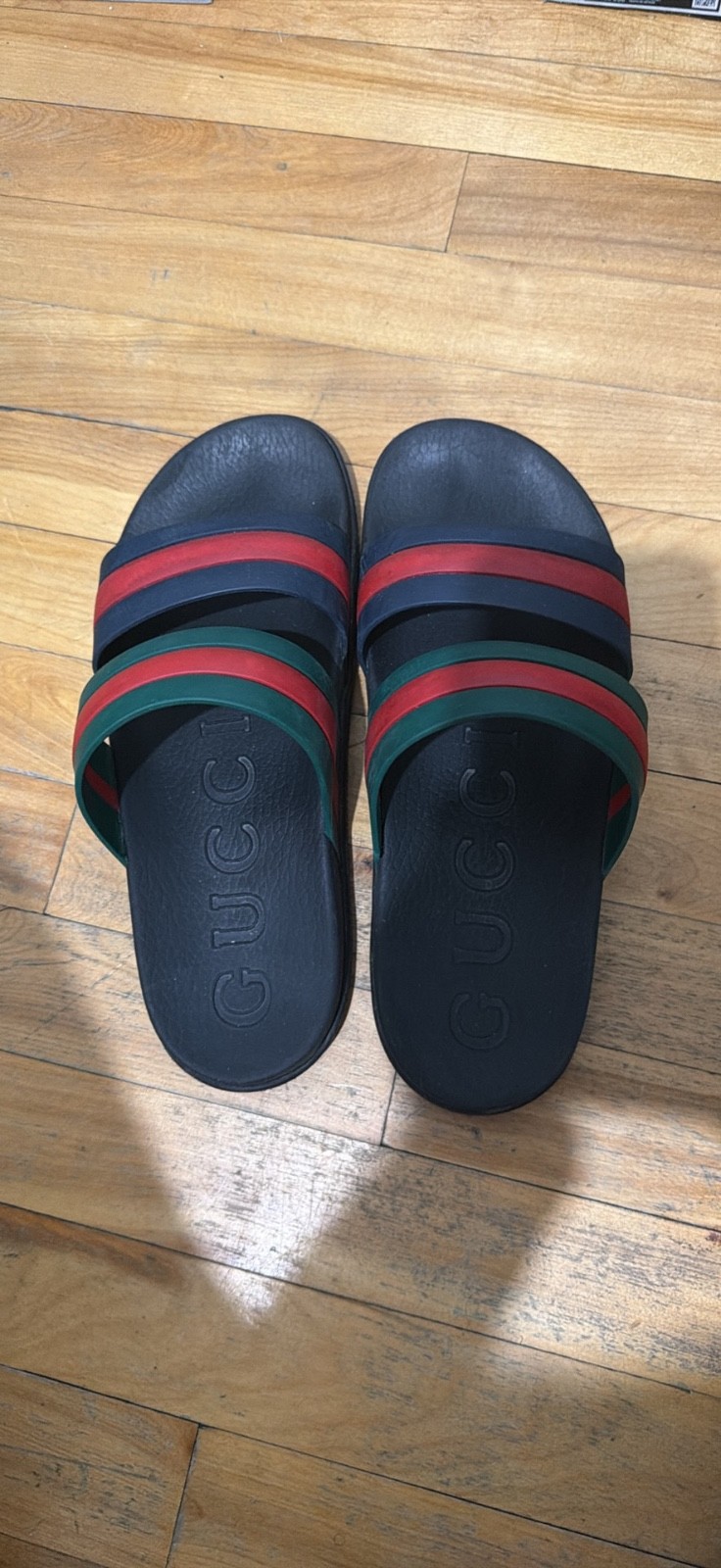 NEW AUTHENTIC Gucci Agrado Rubber Web Stripe Slides Sandals Sz G 13 US 13.5