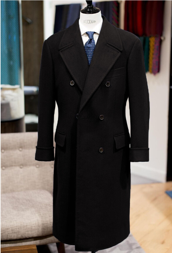 Wool Men’s Long Overcoat Double Breasted Peak Lapel Formal Business Outdoor Coat
