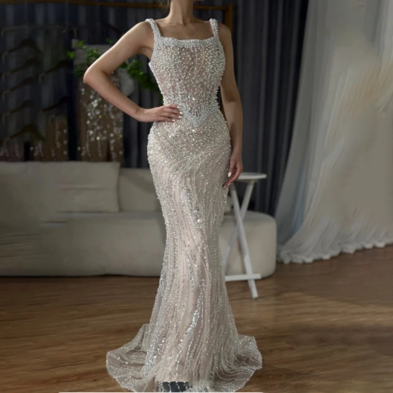 Elegant Square Pearl Shoulder Strap Evening Dresses Lace Mermaid Prom Gowns