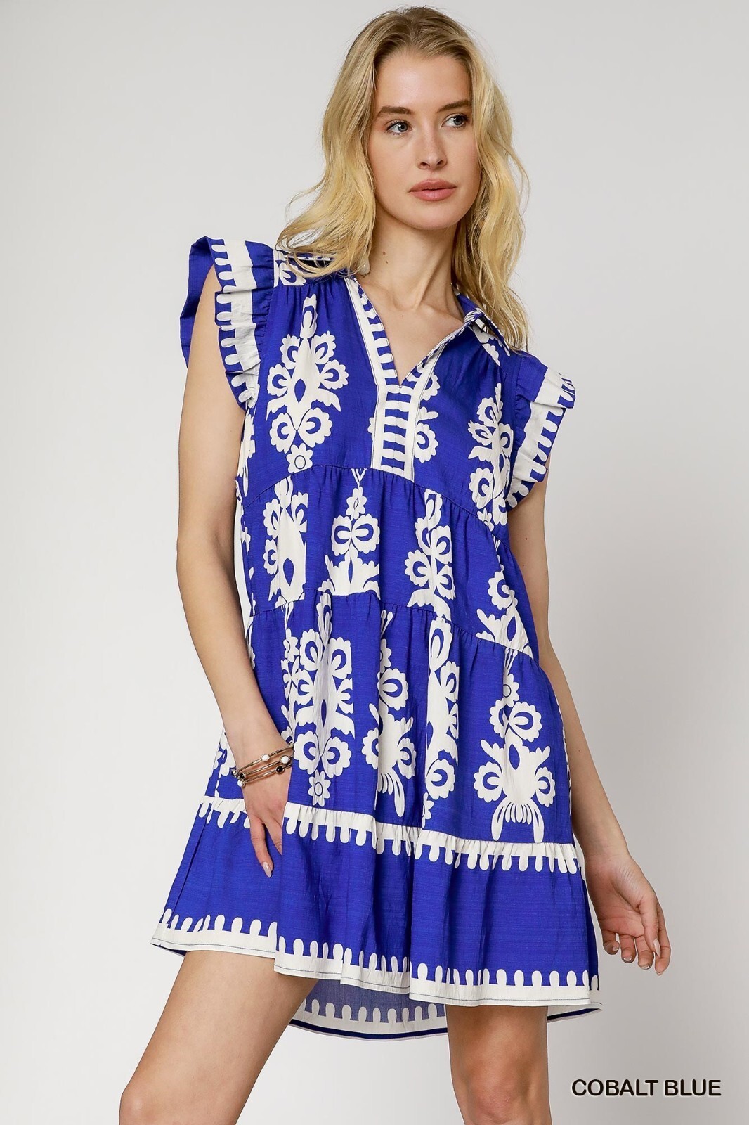 Cobalt Blue Umgee Abstract Print Two Tone Collared Split V Neck Ruffle Dress
