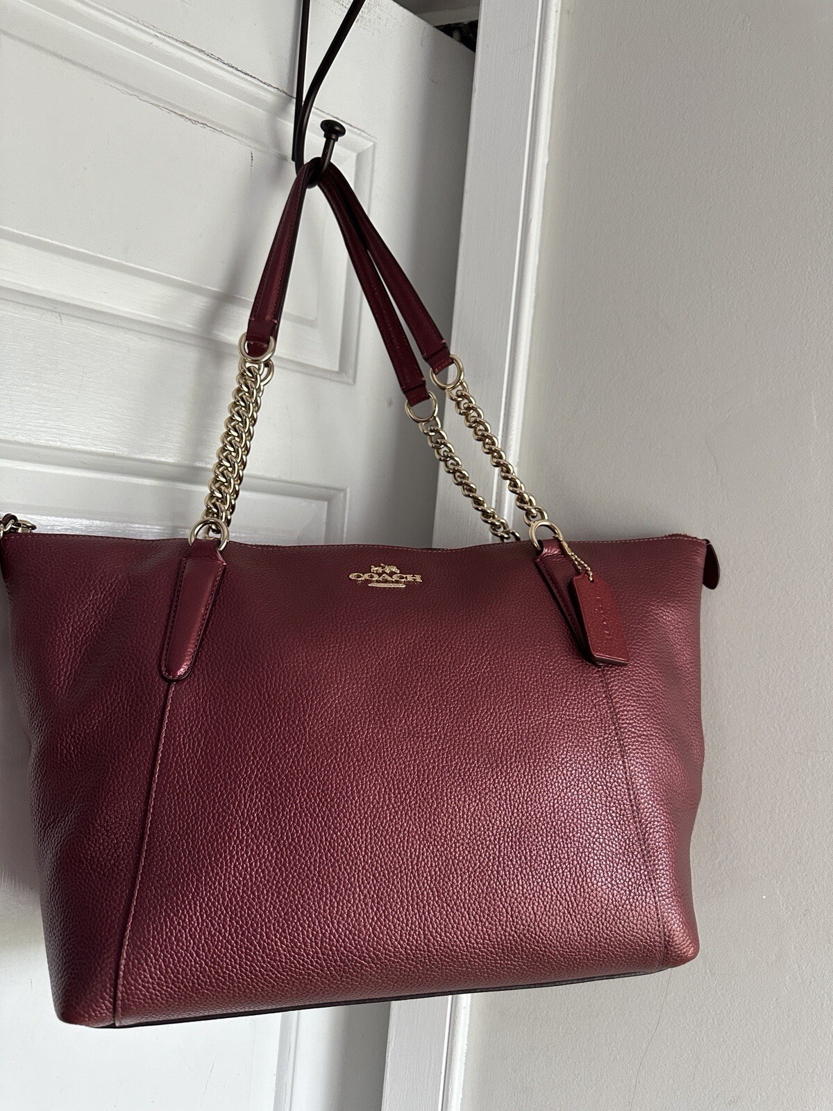 COACH Ava Metallic Cherry Red Pebble Leather Zip Tote Purse Chain Bag