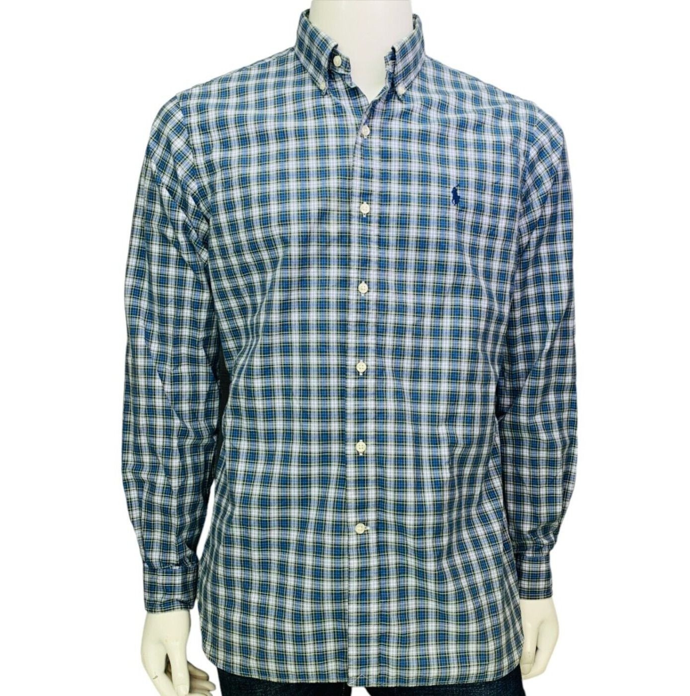 Ralph Lauren Mens Dress Shirt Button Down Blue Green Plaid Size 15.5 – 39 | M