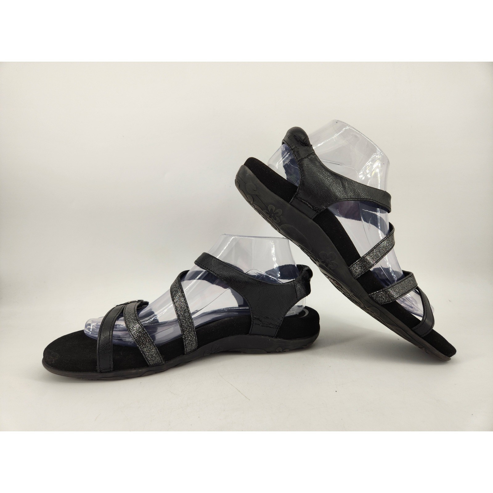 Aetrex Jess Strap Sandals Womens 9-9.5 Black Metallic Strappy Comfort SE210W