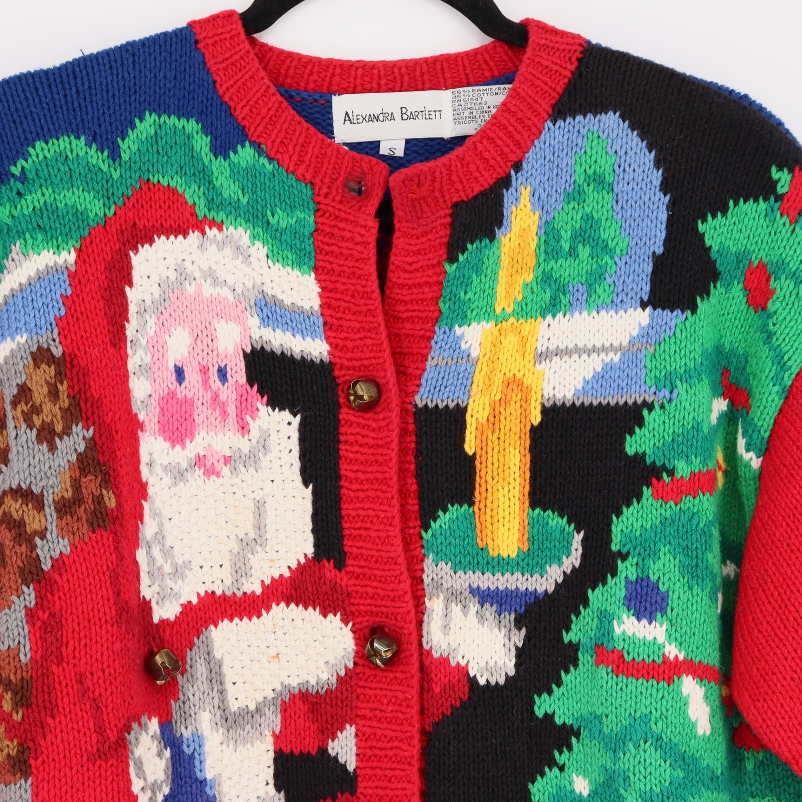 Alexandra Bartlett Vintage Ugly Christmas Sweater Cardigan Santa Bell Buttons S