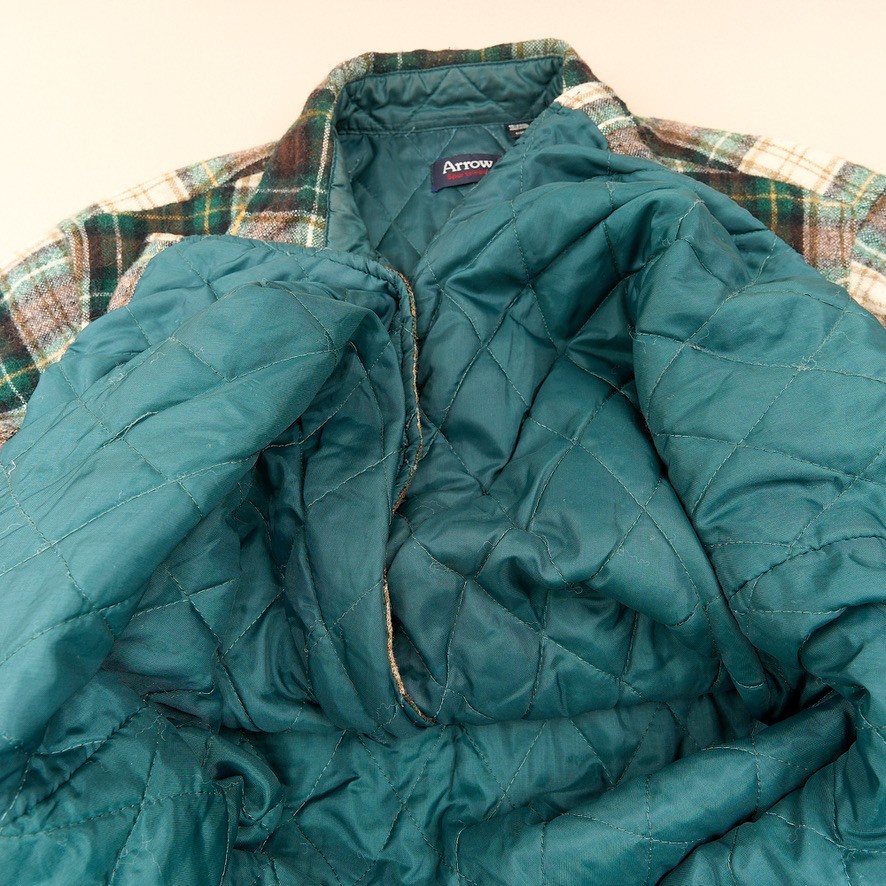 Arrow Sportswear Shacket Mens L Green Brown Plaid Lined Quilted Wool Vintage 70s