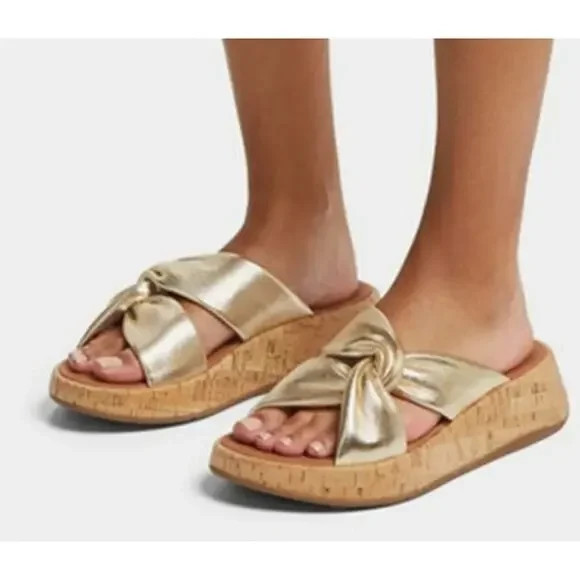 FitFlop F-Mode Twist Platform Gold Leather Slide Sandals US 10 Eu 42