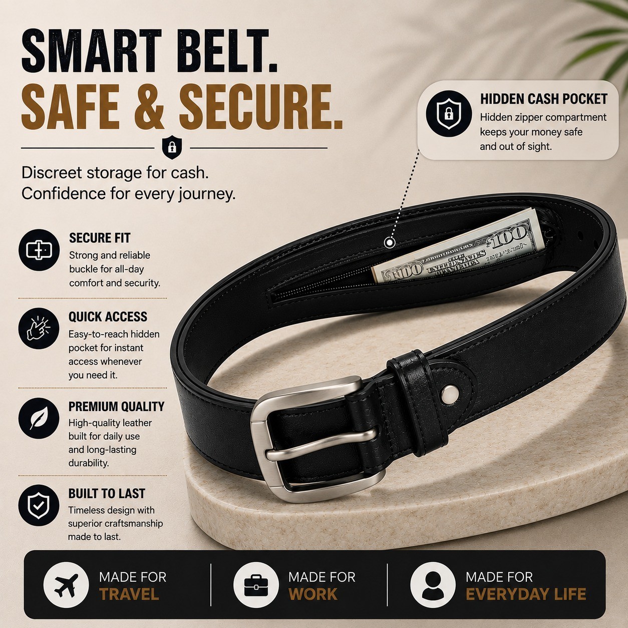 Genuine Leather Men Casual Money Zipper Safe Black Belt M.L.XL.XXL. 1.1/4″ Wide