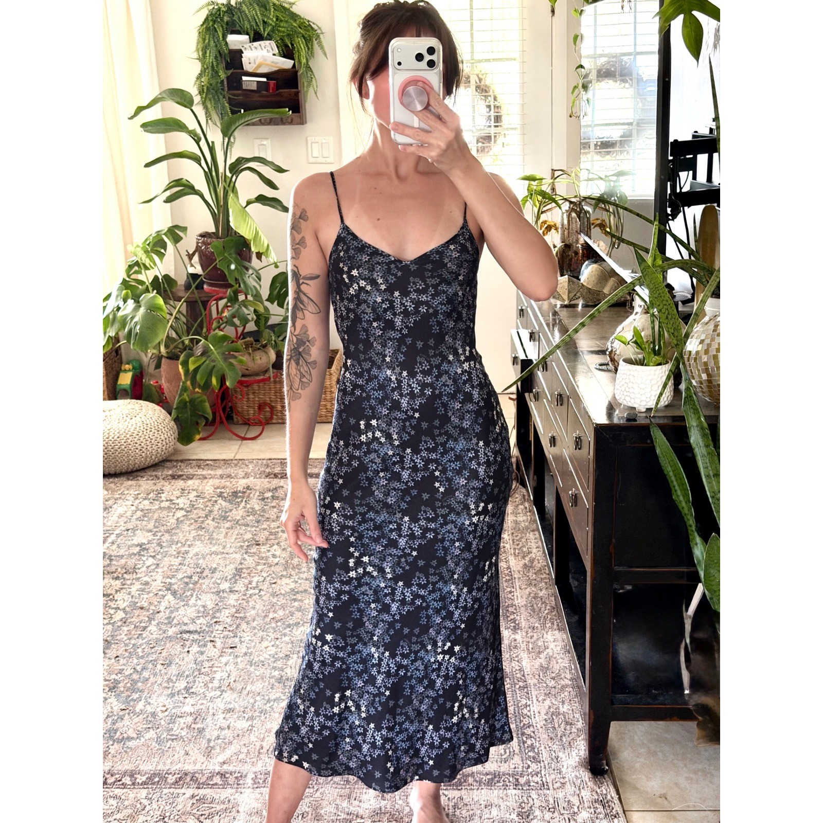 AllSaints Bryony Asgard Floral Star Slip Dress Blue Black Midi V-Neck Size US 2