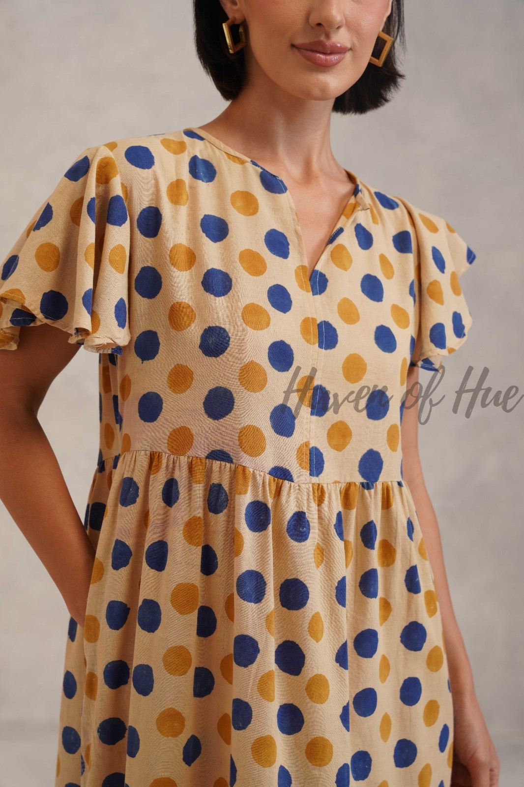 Hand Block Printed Cotton Midi Dress, V-Neck Long Sleeve Tiered Floral Outfit