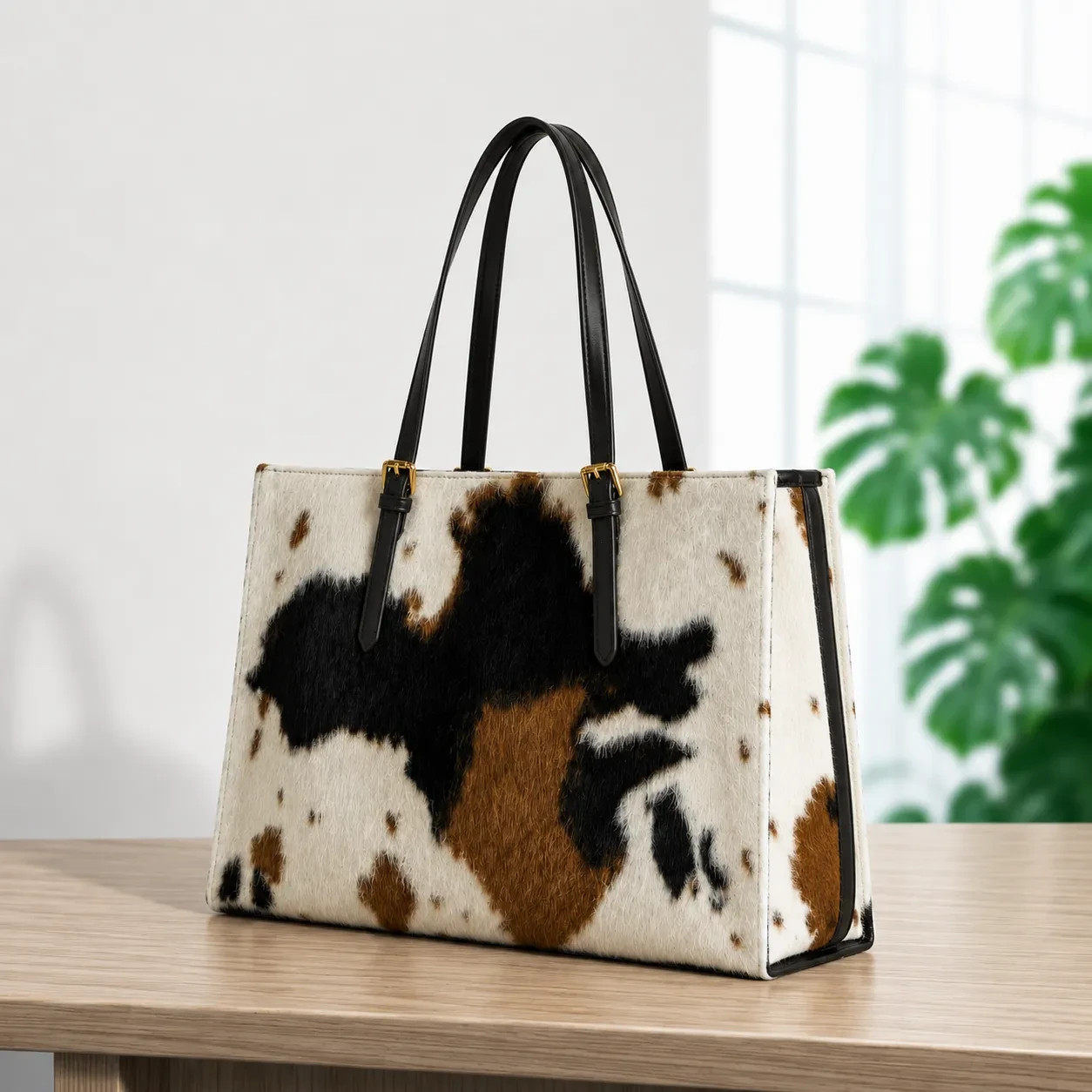 Handmade Natural Tricolor Black Brown & White Hair-On Cowhide Leather Bag