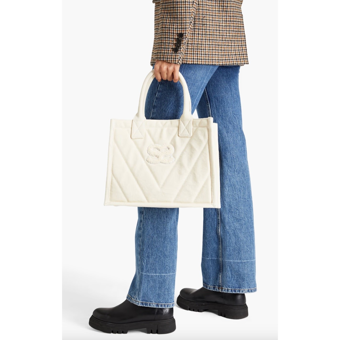 Sandro Kasbah Quilted Canvas Tote Bag Beige Cream Ecru Logo Minimalist $320 NWT
