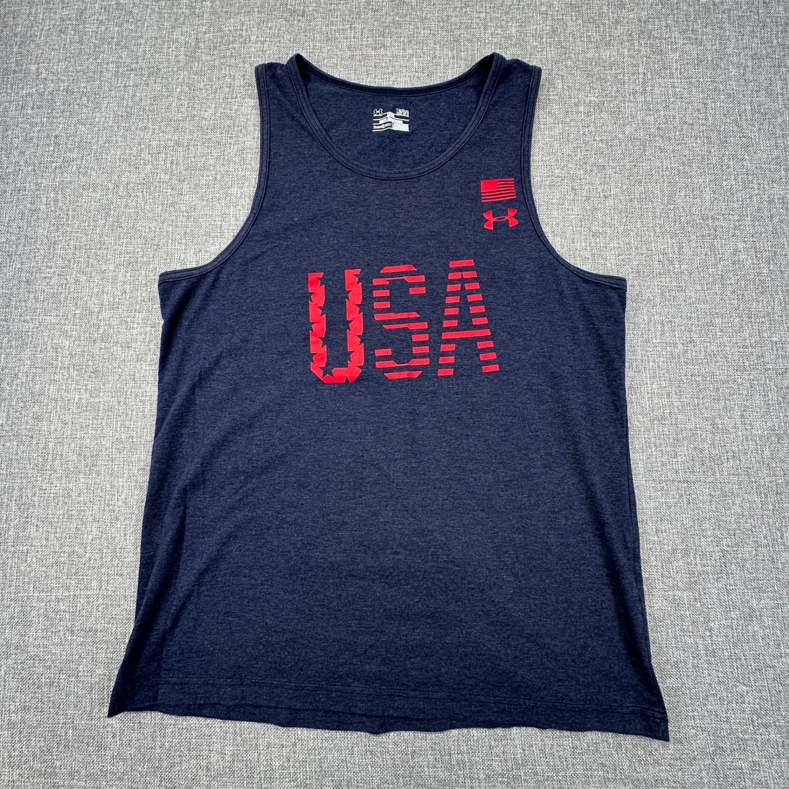 Under Armour Tank Top Mens Large Navy Blue USA Flag HeatGear Muscle Gym Workout