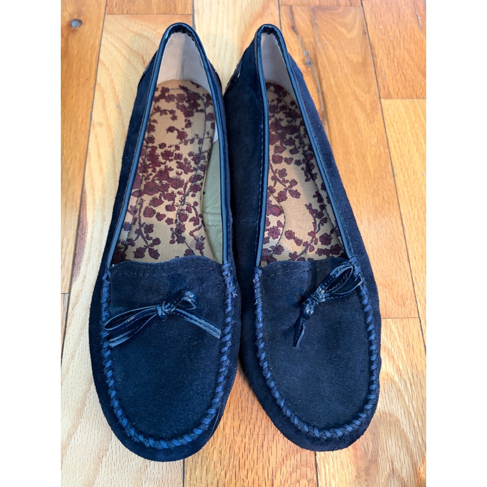 Lands’ End suede flat loafers driving moccasins navy blue women’s size 10