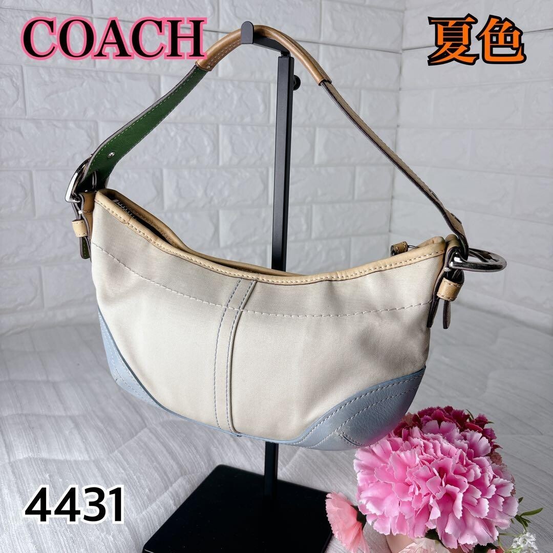 COACH 4431 Half Moon Shoulder Bag Beige Canvas Light Blue Leather Green Auth