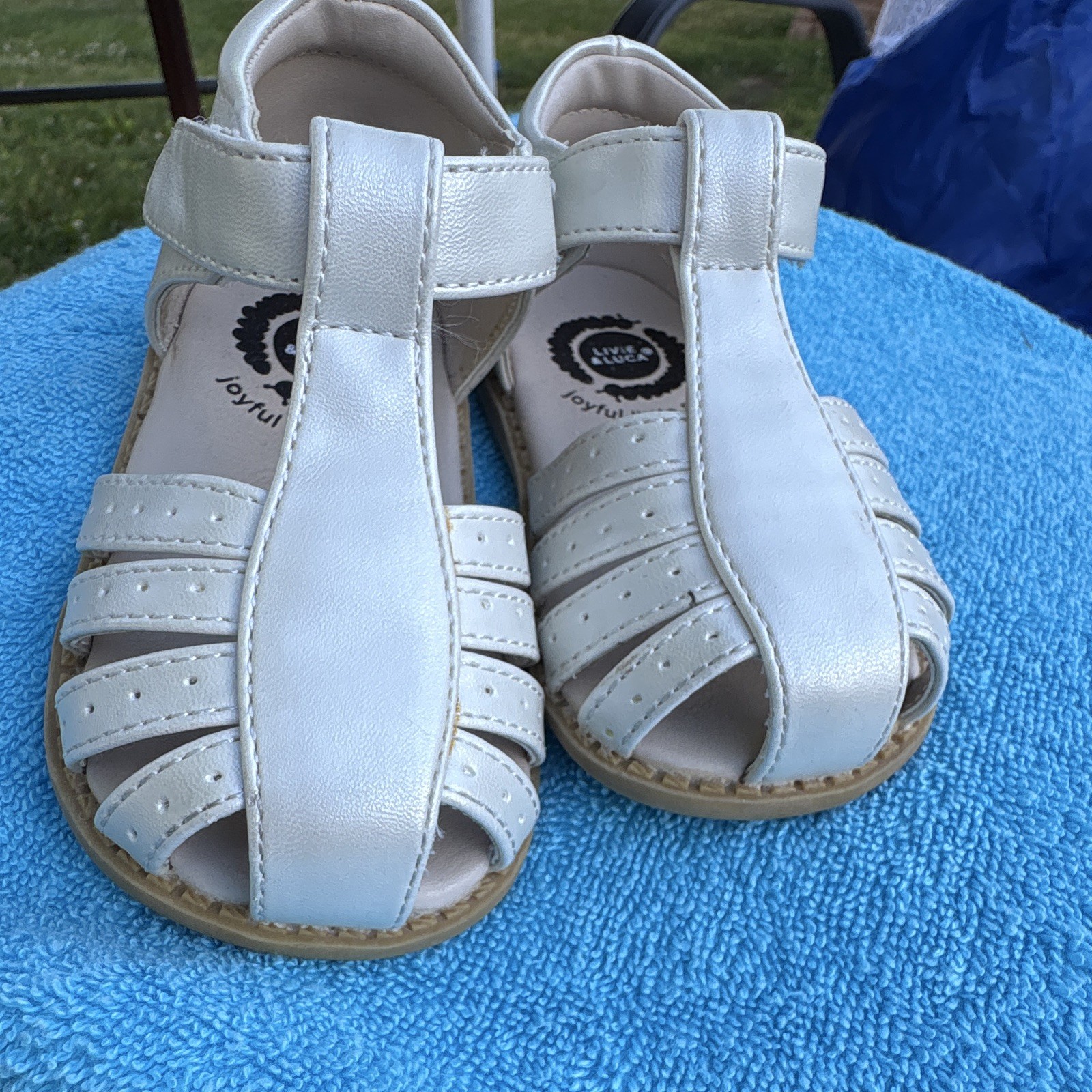 Livie & Luca White Leather T-Strap Sandals Hook & Loop Closure US 5