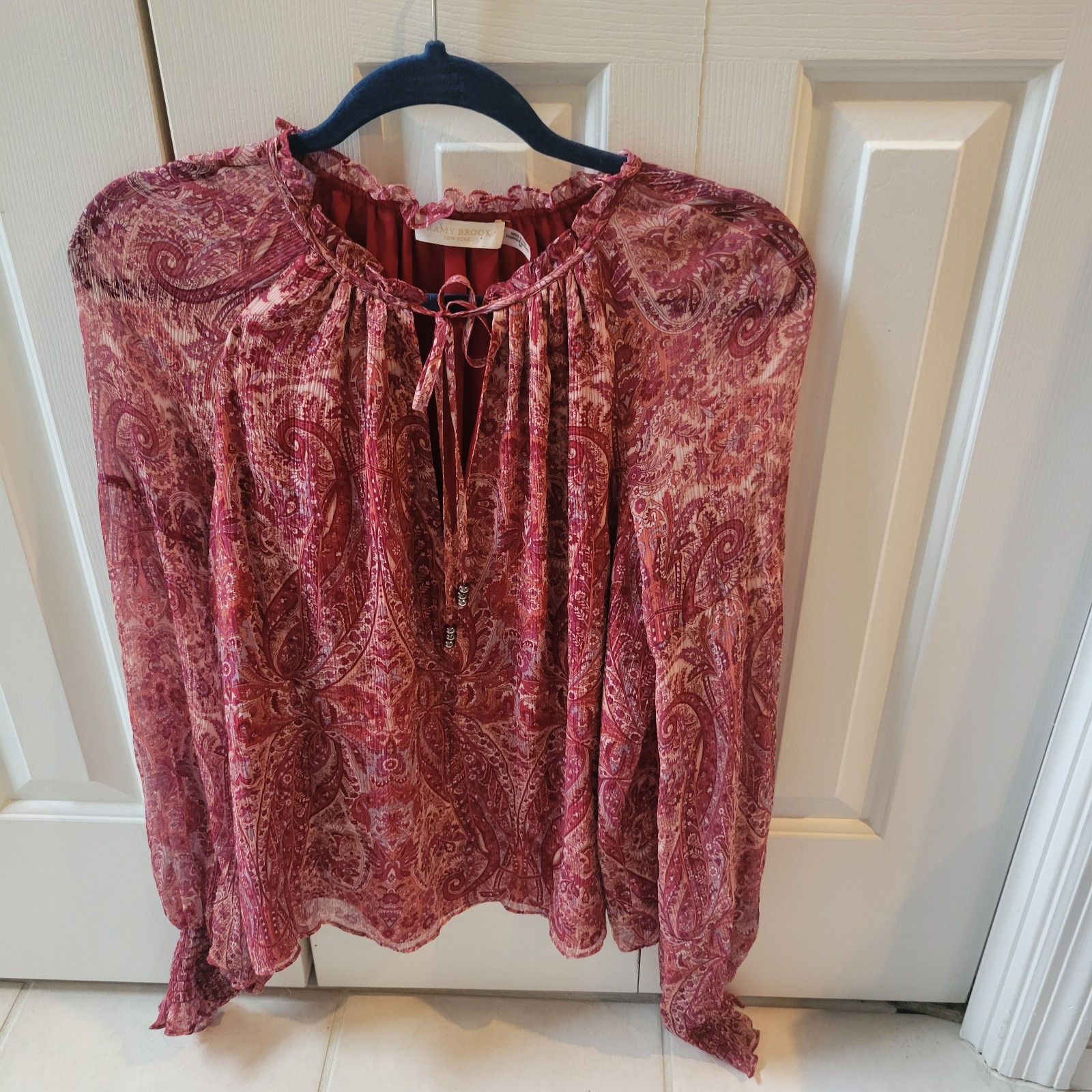 Ramy Brook Luanne Silk Blouse Red Paisley Boho Peasant Smocked Sleeve Small NEW