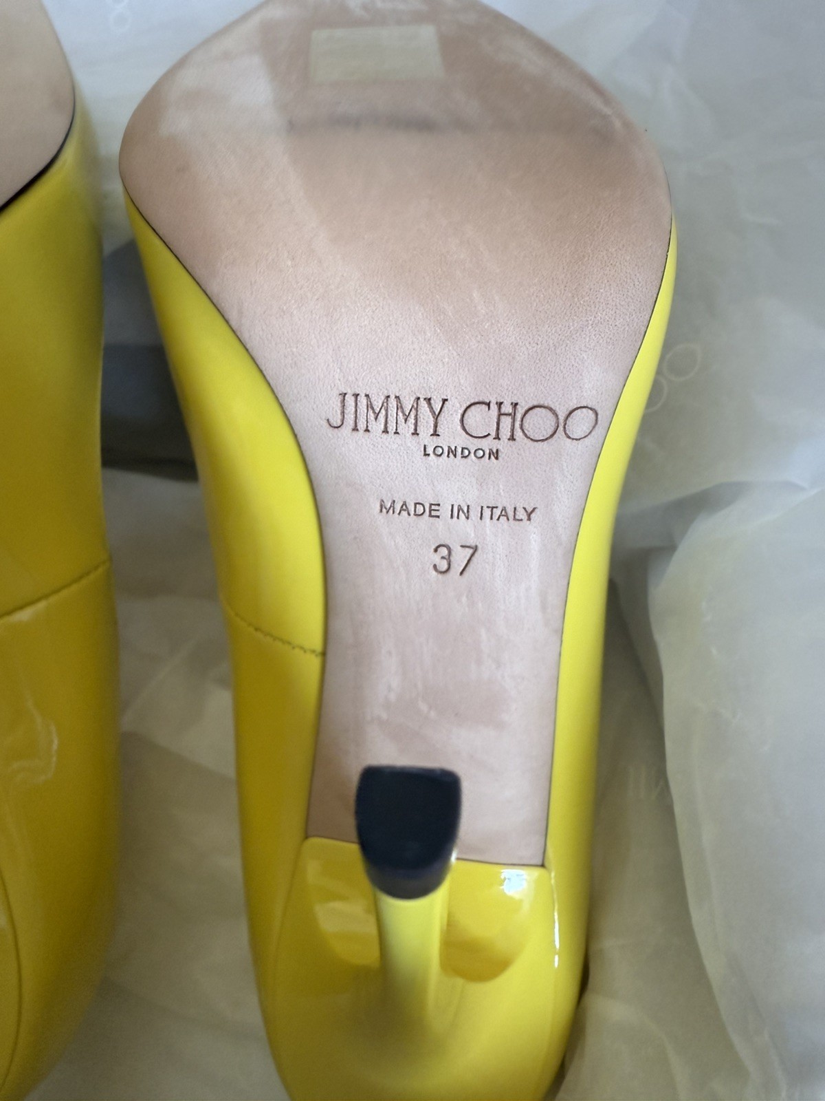 JIMMY CHOO Anouk Tacco 120 Patent Leather Point Toe Pump Yellow US 7 NIB RARE