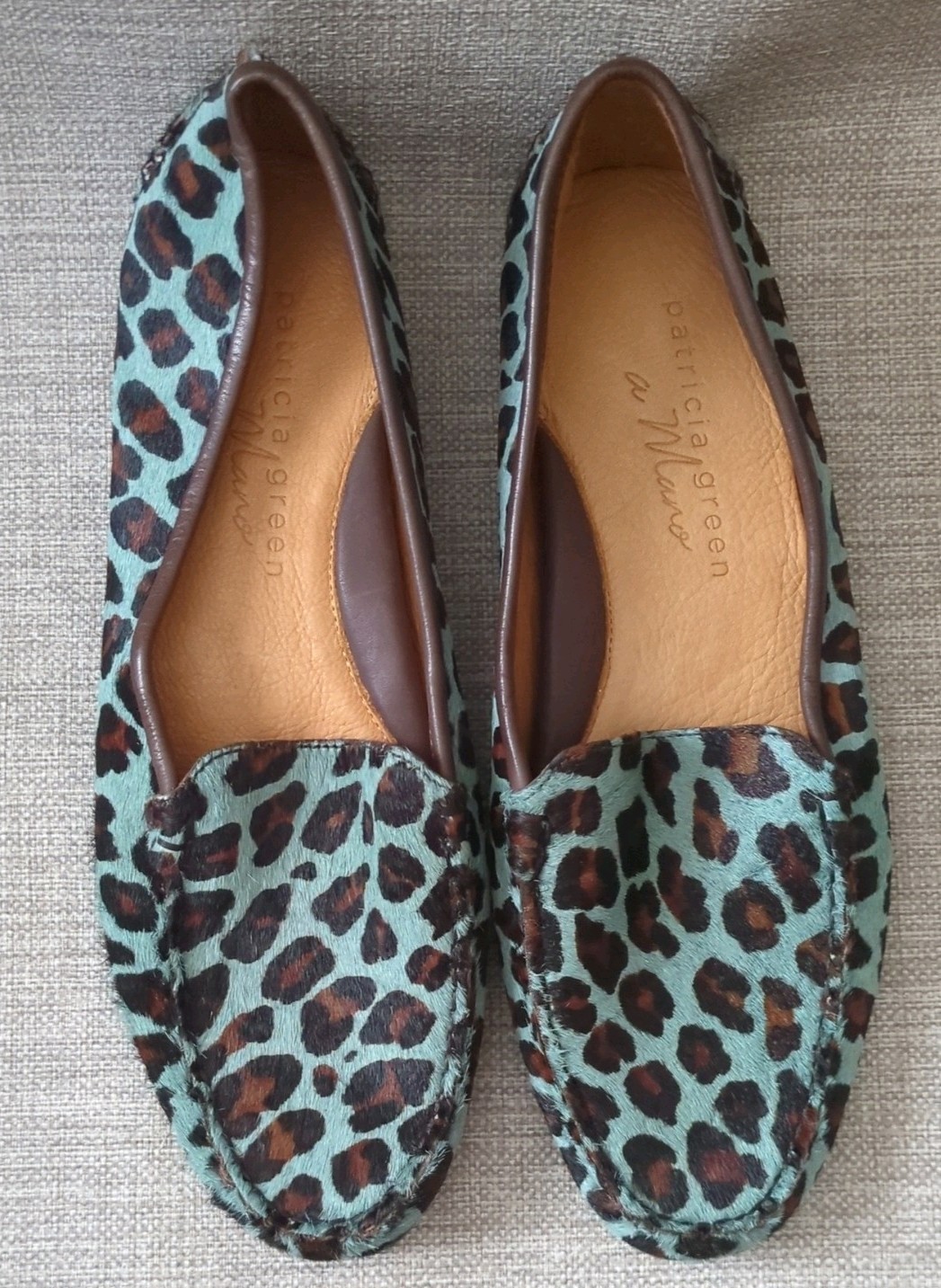 Patricia Green Jillian Driving Moccasin Teal Leopard Calf Hair Size 9.5W NEW