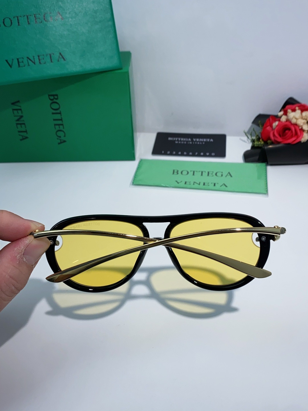 Bottega Veneta BV1418S Sunglasses Black Frame Yellow Lenses 58-15-145