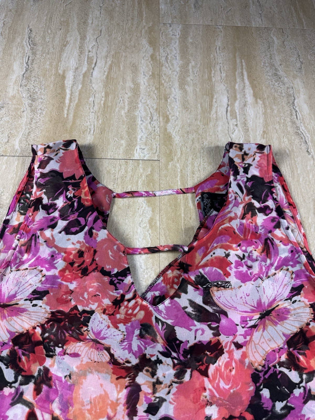 Apollo 3X Tank Top Womens Plus Multicolor Floral Butterfly High Low Sheer Blouse