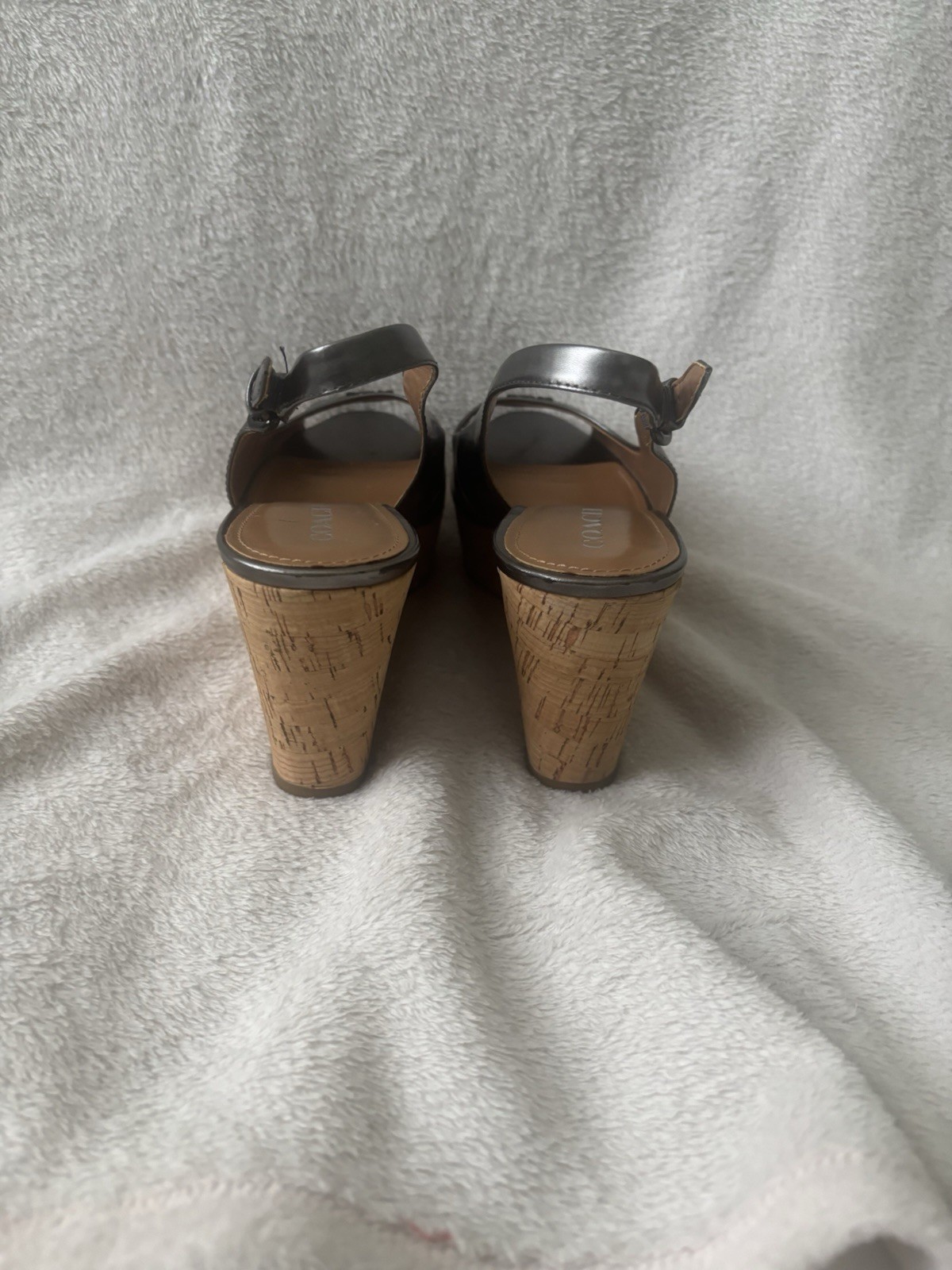 Coach Women Ferry Black/Silver Leather Cork Wedge Sandals Peep Toe Size 9.5