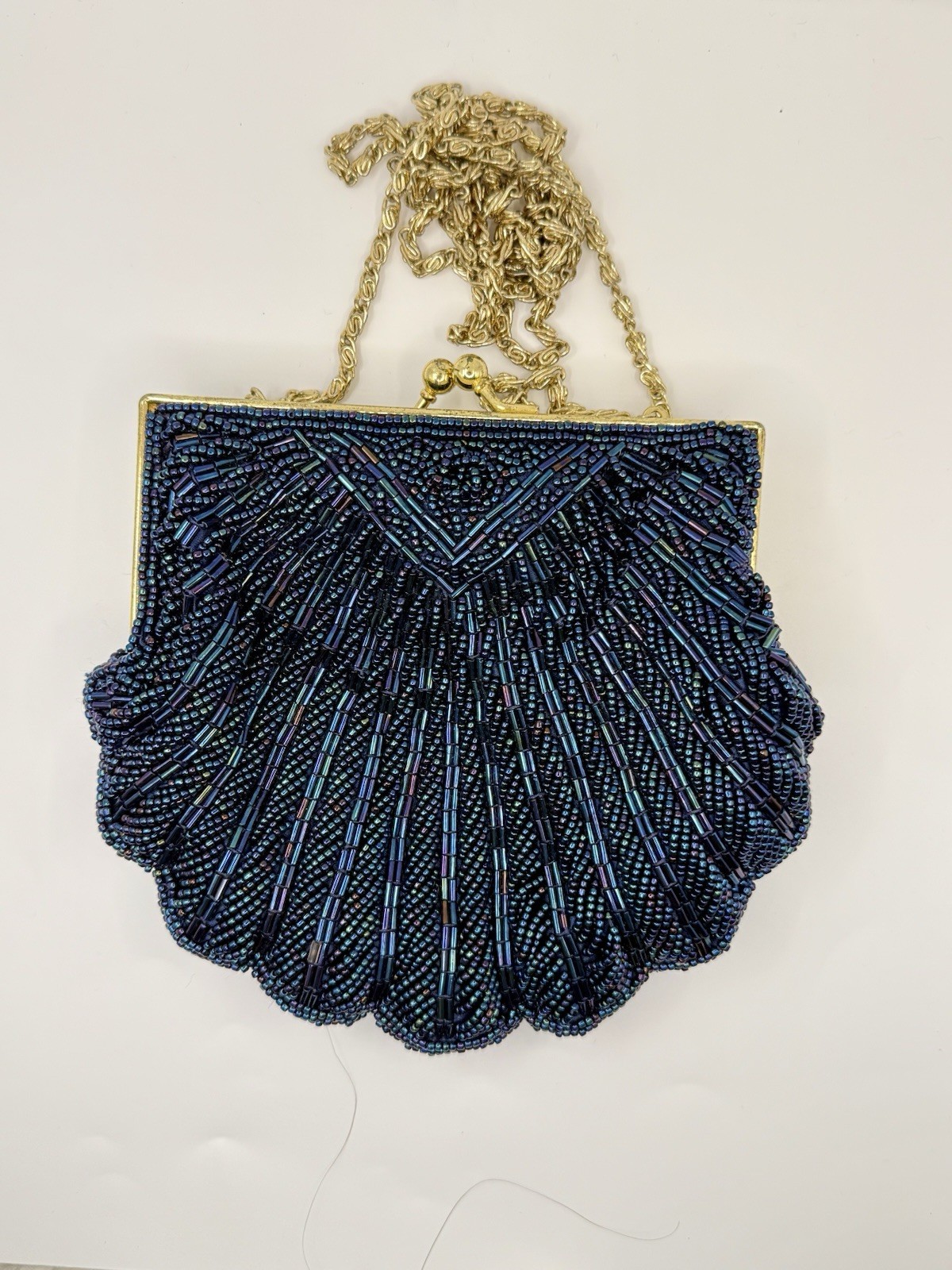 Le Regale Navy Blue Vintage Beaded Clutch Kiss Lock Gold Chain Strap