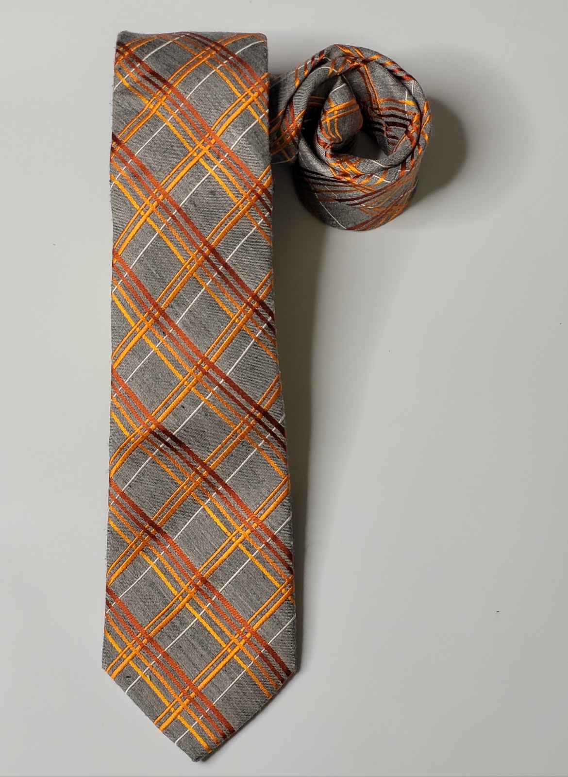 Express Necktie Plaid Grey Orange Brown, Silk & Polyester