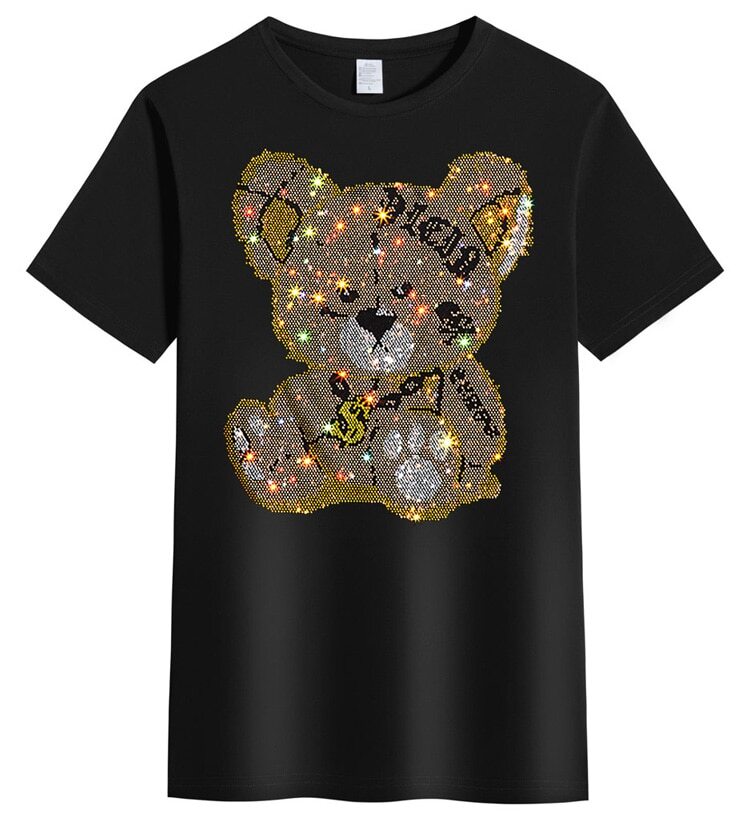 New Fashion Bear Rhinestone Slim Short Sleeve Luxury Men Black White T-Shirt