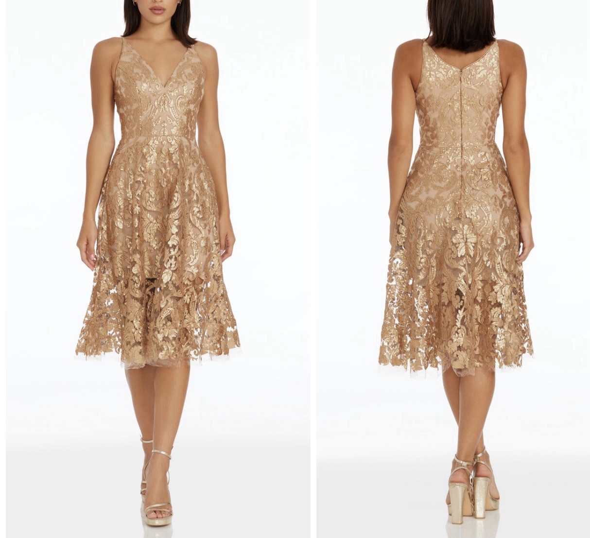 Dress The Population Gold Sequin Lace Floral V-Neck Midi A-Line Dress XS NWT