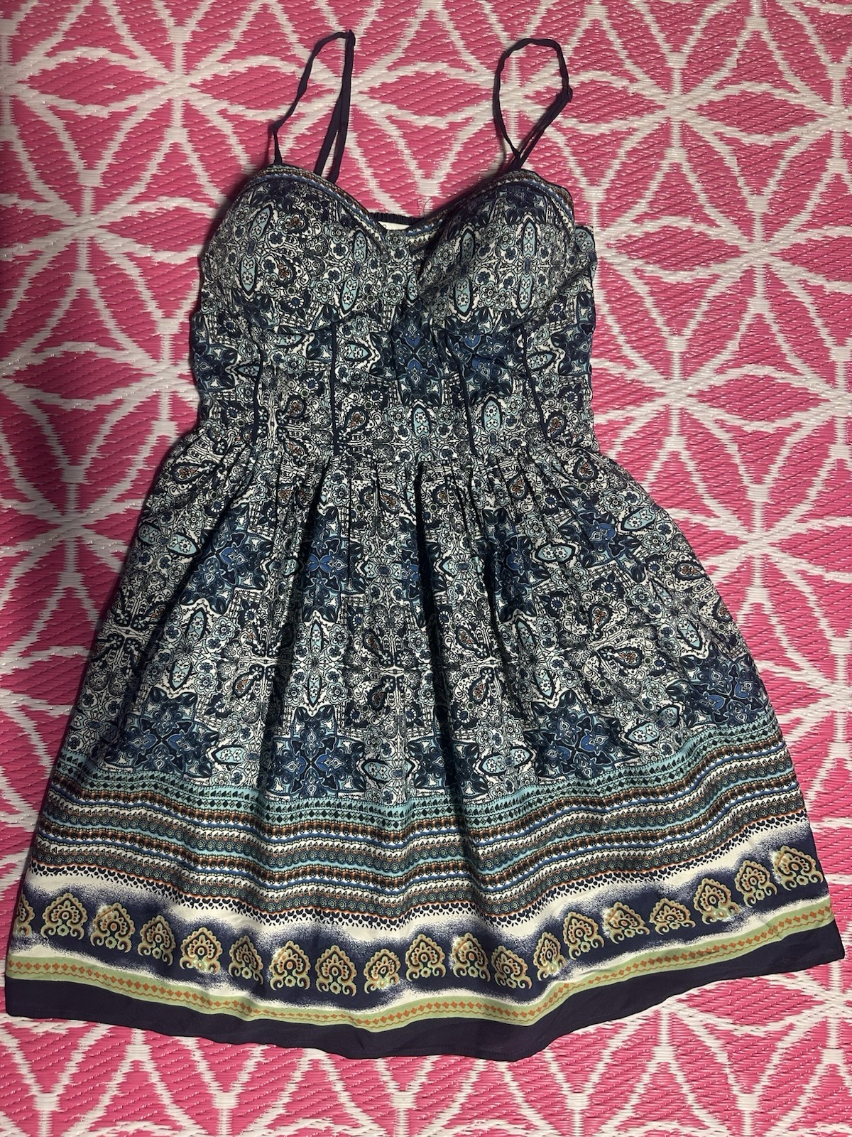 American Rag Womens Blue Boho Floral Print Smocked Bodice Mini Dress Size M