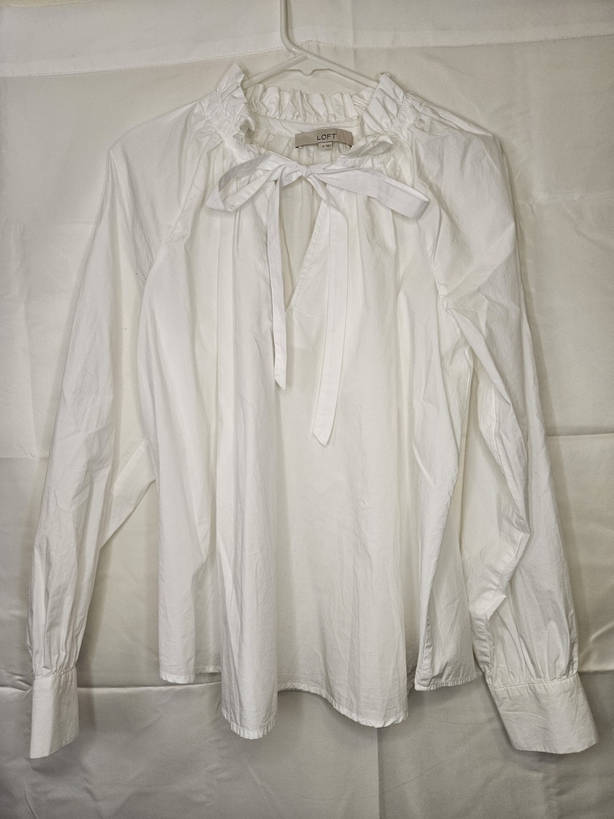 LOFT White Ruffle Tie-Neck Long Sleeve Blouse