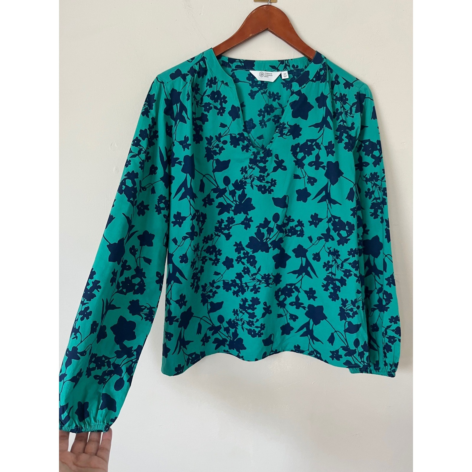 Candace Cameron Teal Green Navy Blue Floral Cotton Blouse Long Sleeve M boho
