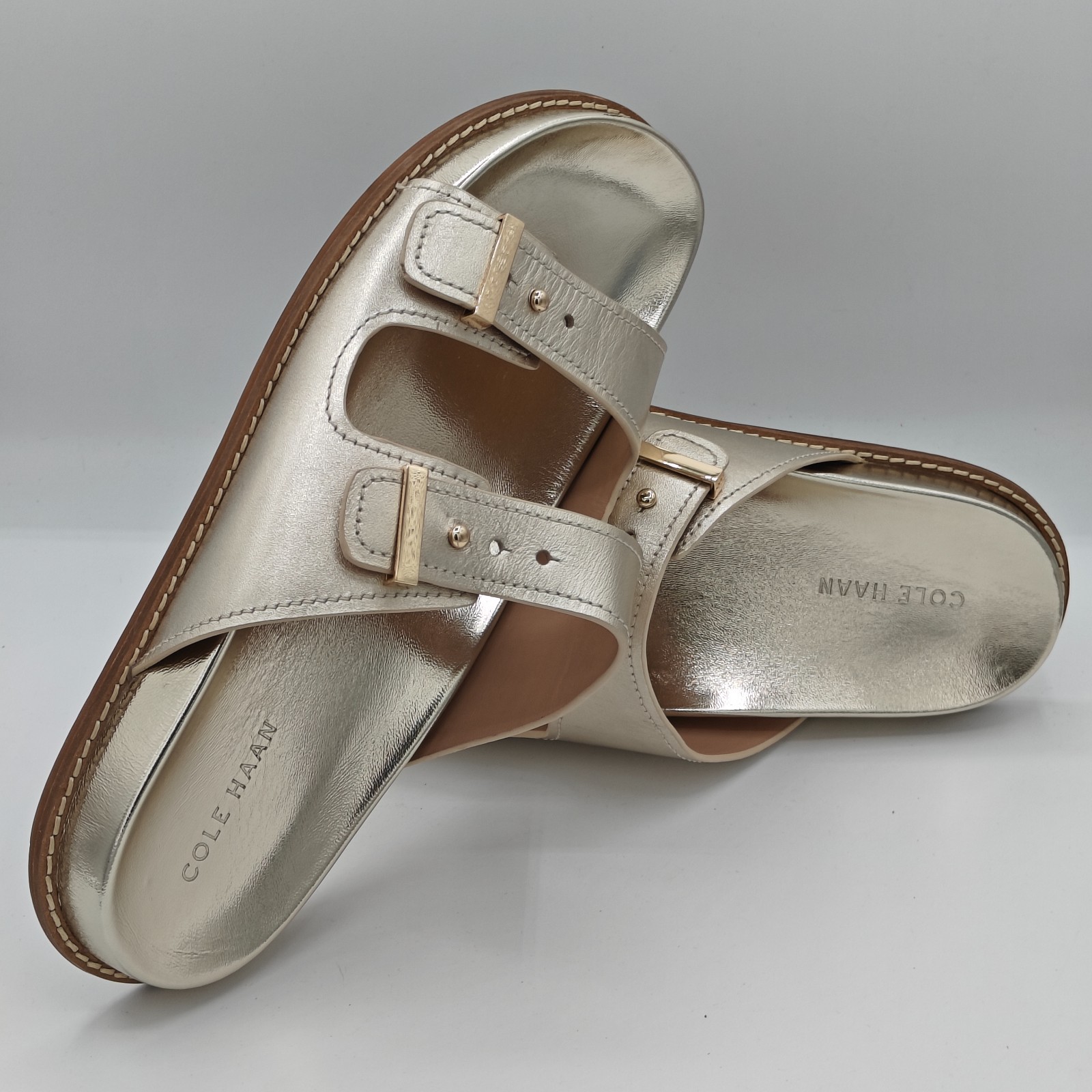 Cole Haan “Marisol” Women’s Leather Adjustable Double Banded Sandals – Soft Gold