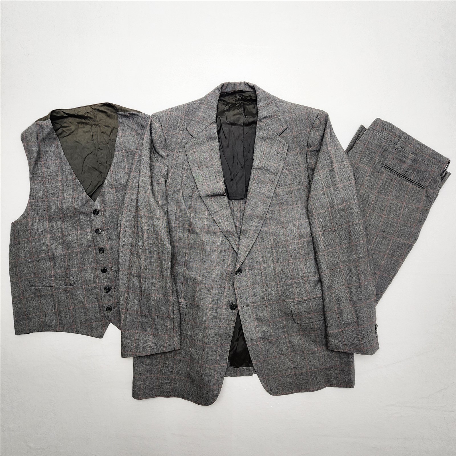 Vtg USA MADE Kuppenheimer 46L 40×32 Gray Glen Check Wool Flannel 3Pc Suit Vest