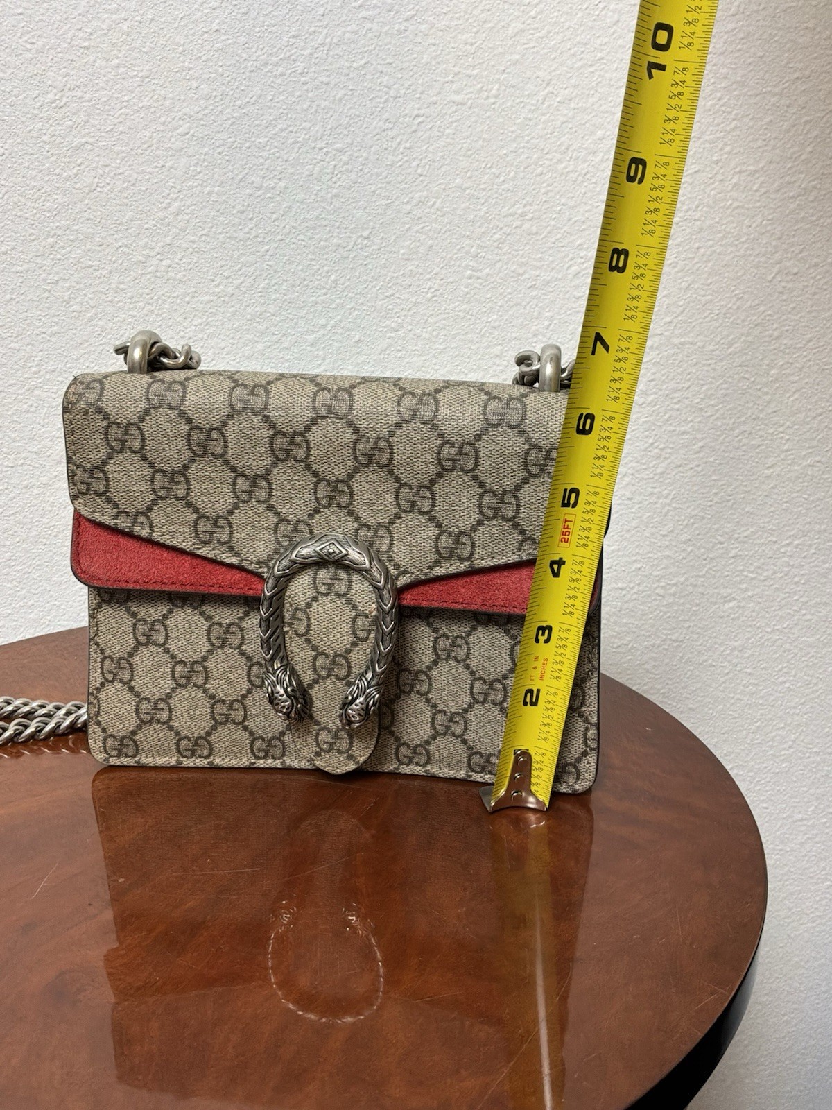 Gucci GG Monogram Dionysus Small Shoulder Bag Chain Strap Beige Red