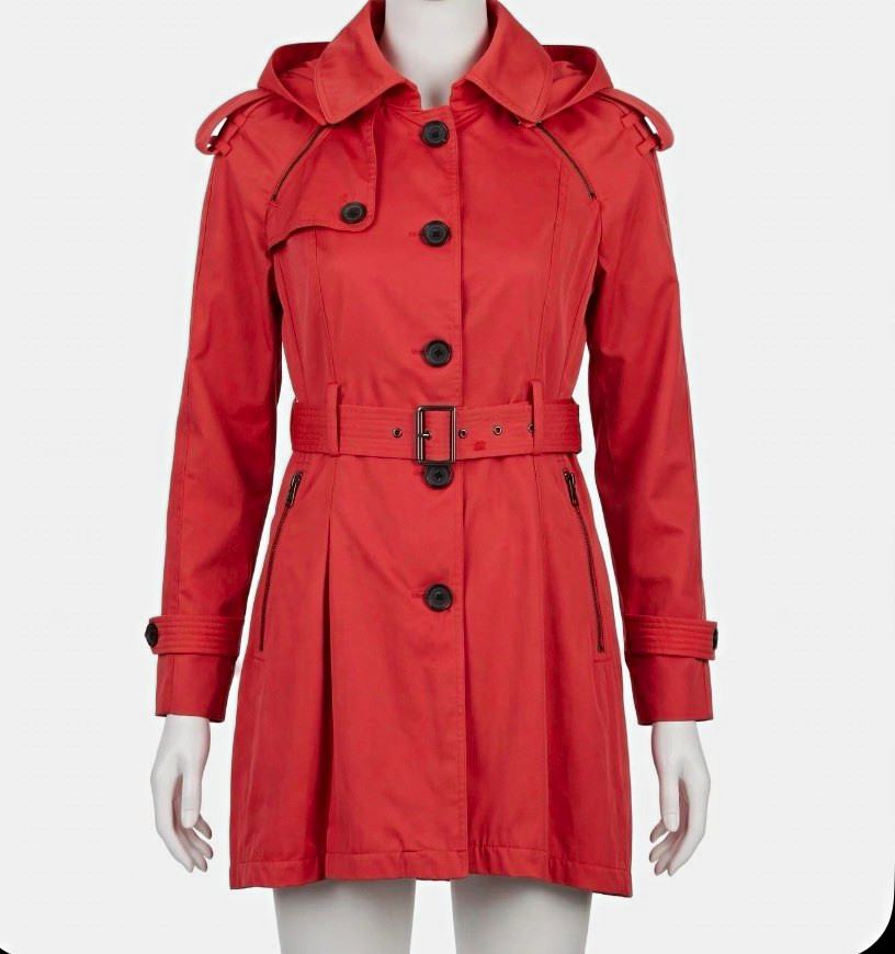 French Connection Womens Medium Coral Red Belted Trench Coat Jacket Hooded Zip P