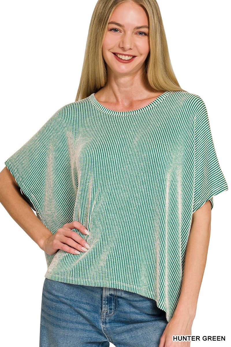 ZENANA – RIBBED STRIPED OVERSIZED SHORT SLEEVE TOP – HUNTER GREEN – S/M